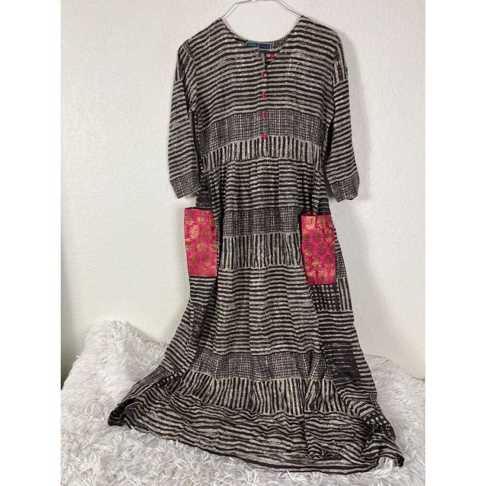 Bombay Paisley Dress Brown Abstract Pink Pockets Buttons Viscose Small